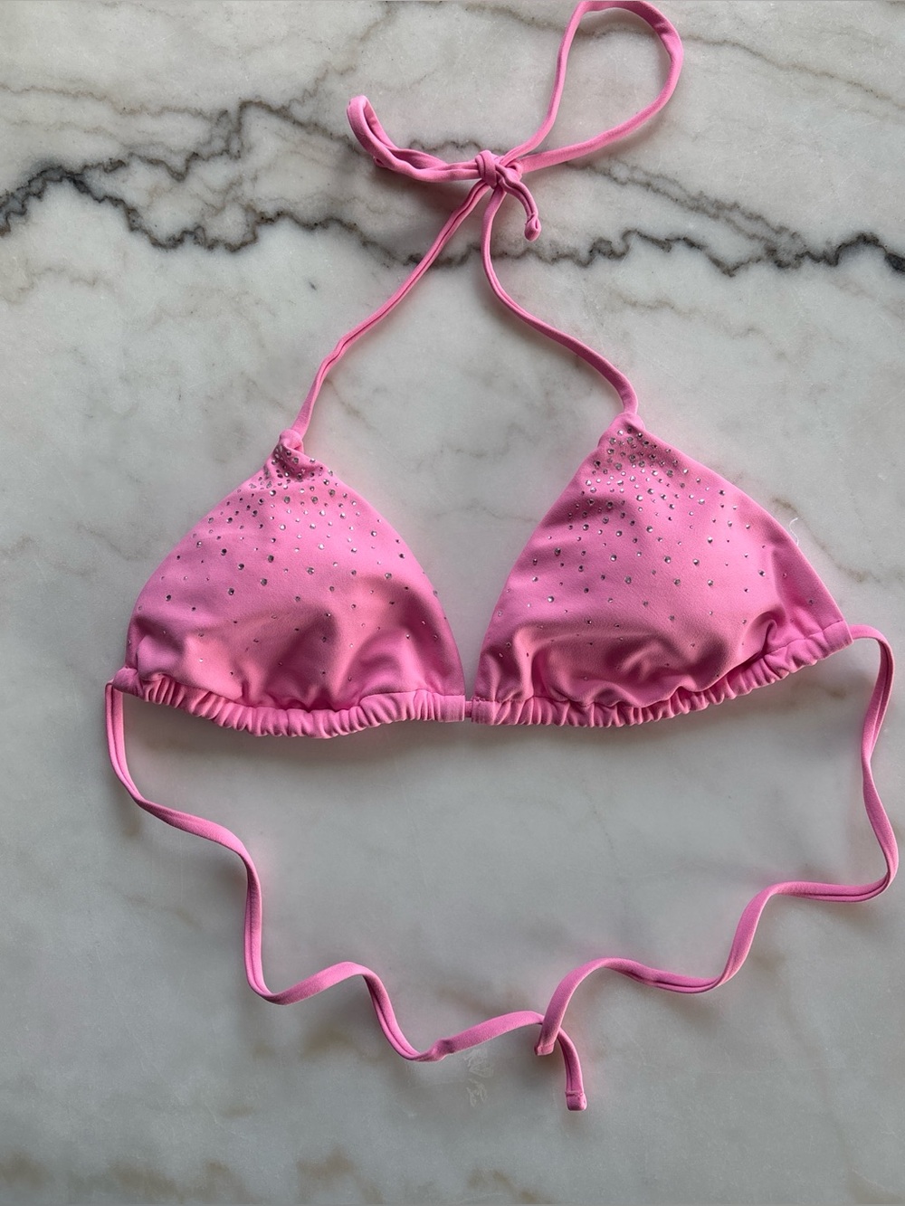 Pink Triangle Bikini Top W/ silver Rhinestone Y2K Sparkle Halter Swimsuit Top S